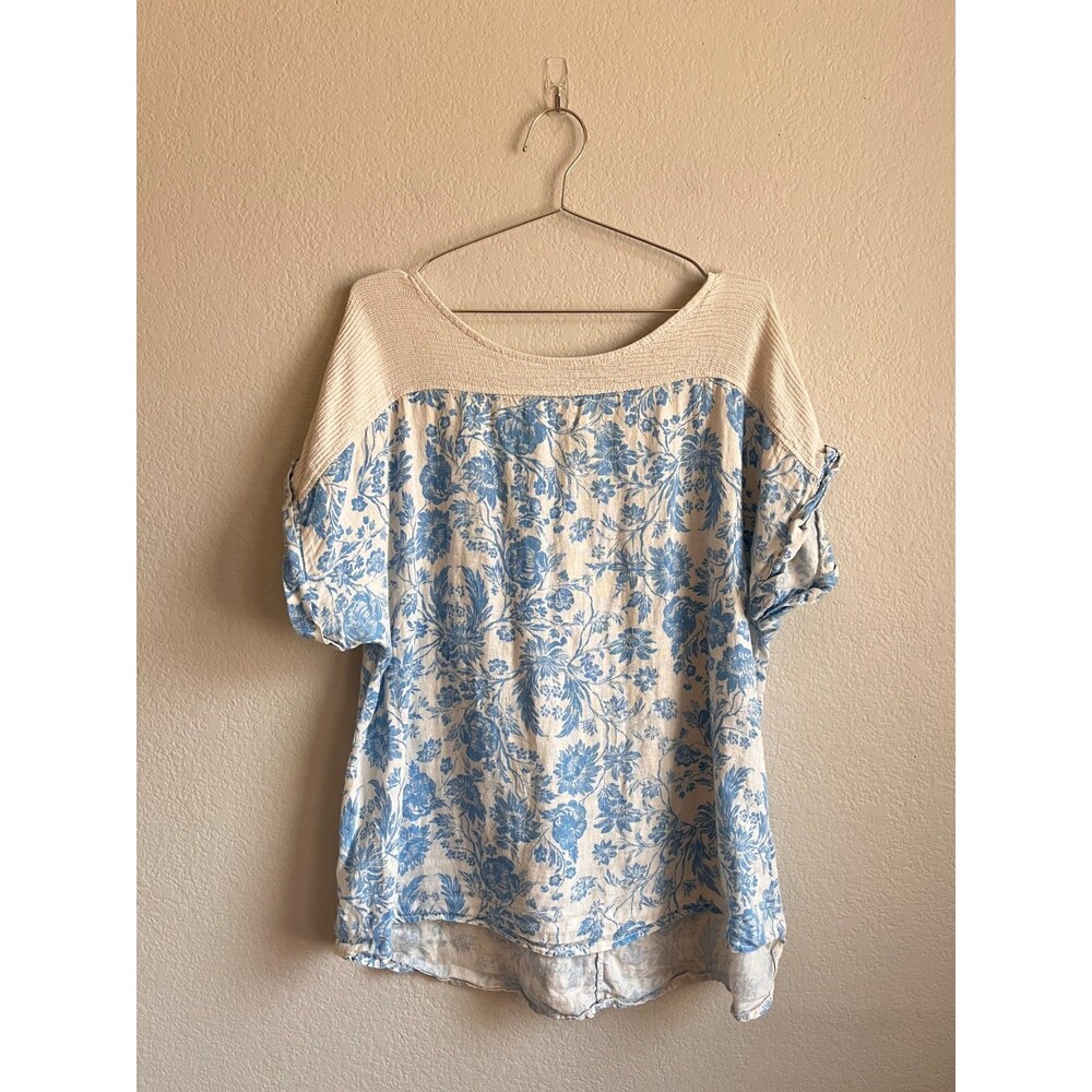 Lungo L'Arno 100% Linen Floral Top in White/Blue Size 1X